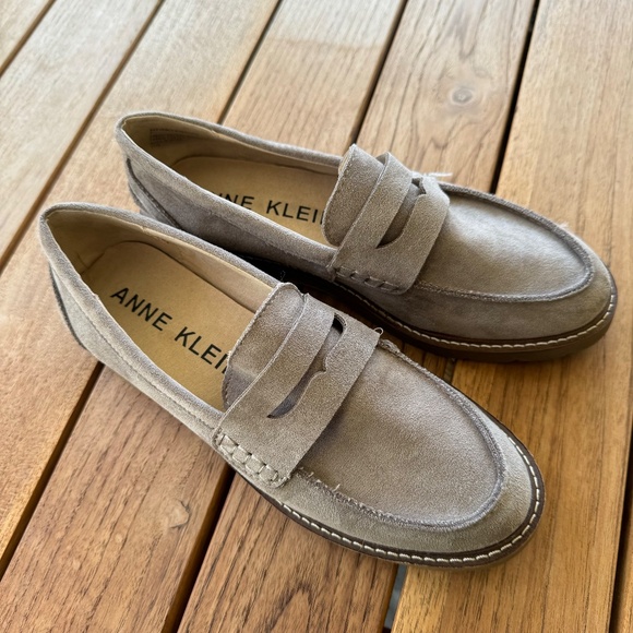 Taupe Suede Anne Klein Everly Penny Loafers - Picture 3 of 9